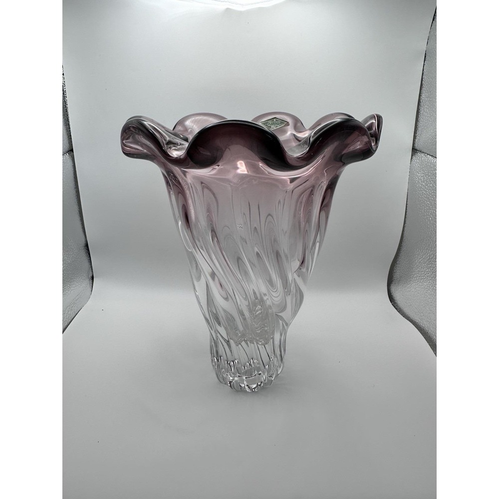 Shannon Crystal "Designs Of Ireland" Purple Ruffle Top Vase 9" Hand Blown